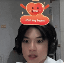 a man wearing headphones has a heart on his head with the words join my team above it
