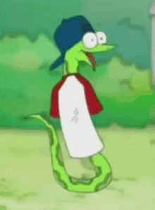 a cartoon snake is wearing a hat and a white shirt