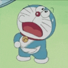 a cartoon character with a bell around his neck is standing on a grassy field .