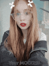 a woman with a mask on her face and the words your mogged