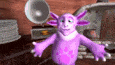 a purple and white cartoon character is standing in front of a record player .