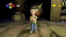a cartoon character is standing in a hallway with balloons and the number 15 on the wall behind him