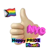 a hand giving a thumbs up with the words happy pride month