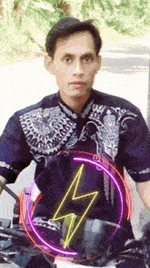 a man sitting on a motorcycle with a lightning bolt surrounding him