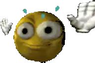 a yellow smiley face with big eyes and a white hand behind it