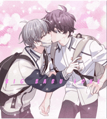 a couple of boys kissing with the words big babu love written below them