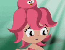 a cartoon girl with pink hair and a cartoon octopus on her head