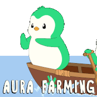 a green penguin in a boat with aura farming written below it
