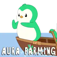 a green penguin in a boat with aura farming written below it