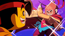 a cartoon of a man and a monkey are fighting each other