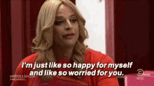 a man in a red shirt is talking about being happy for myself and like so worried for you .
