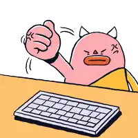 a cartoon drawing of a devil giving a fist bump next to a keyboard