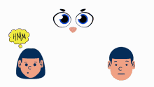 a cartoon drawing of a girl and a boy with a thought bubble that says " hmm "