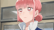a girl with pink hair is wearing a white shirt