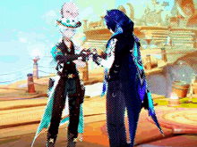 a couple of people standing next to each other in a video game holding hands .