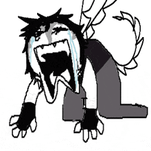 a black and white drawing of a person kneeling down with their mouth open .