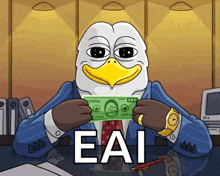 a cartoon of an eagle holding a 100 dollar bill with the word eai on it