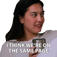 a woman holding a cup with the words " i think we 're on the same page " below her