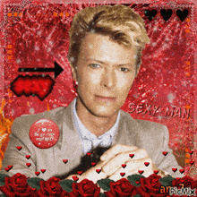 a picture of david bowie is surrounded by red roses