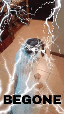 a picture of a cat with lightning behind it and the word begone below it