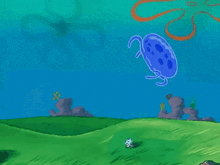 a spongebob cartoon scene with a blue jellyfish in the background