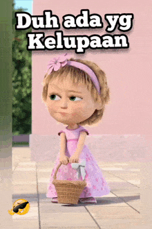 a cartoon girl in a pink dress is holding a basket and says " duh ada yg kelumaan "