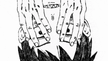 a black and white drawing of a person 's hands covering their face
