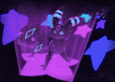 a drawing of a cat with purple and blue stars