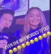 a man and a woman are sitting next to each other and the caption says even she was weirded tf out