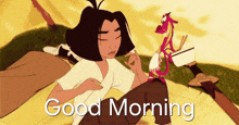 a cartoon of a woman laying on a bed with a dragon and the words good morning