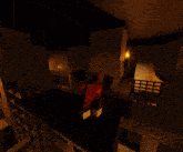 a dark room with a few candles and a red robot