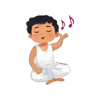 a cartoon of a boy singing with pink music notes coming out of his ear