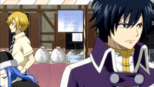 two anime characters standing in front of a sign that says sale 40 %
