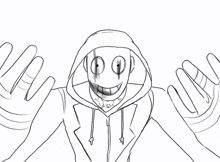 a black and white drawing of a person wearing a hoodie and a mask