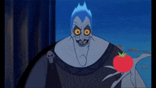 a cartoon character holding a red tomato with a green stem
