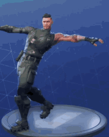 a man in a military uniform is dancing on a stand .