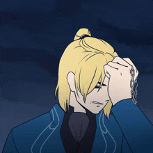 a cartoon drawing of a woman with blonde hair and a blue jacket