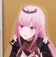 a girl with long pink hair and a tiara on her head
