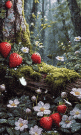 a painting of strawberries and flowers growing on a tree trunk