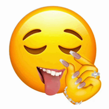a yellow smiley face with a woman 's hand sticking out her tongue .
