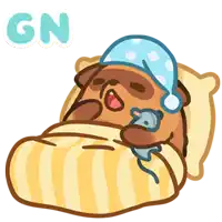 a cartoon of a dog laying in bed with a mouse and the word gn above it