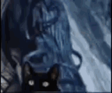 a black cat is standing in front of a painting of a waterfall .