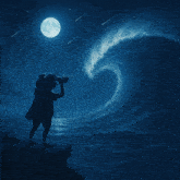 a cartoon character looking through a telescope at the moon