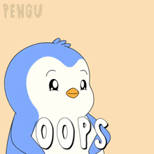 a blue and white penguin with the word oops written on its chest