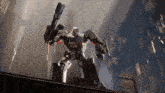 a robot is holding a gun in a dark room