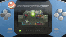 a pocket trap game system is displayed on a blue and black device