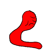 a drawing of a red worm with an angry face