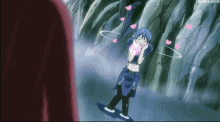a girl in a blue dress with hearts around her face