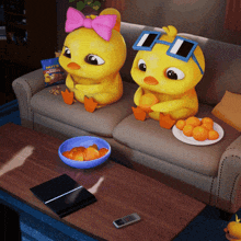 two cartoon ducks sit on a couch with a bag of munchies
