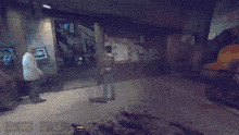 a video game shows a man and a woman standing in front of a sign that says stealth